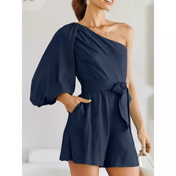 imageANRABESS Womens Summer Casual One Shoulder 34 Puff Sleeve Tie Waist Short Jumpsuit Romper OutfitsNavy Blue