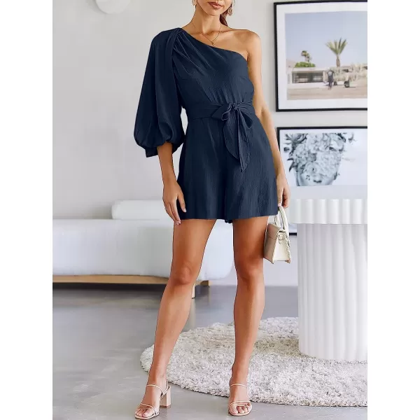 imageANRABESS Womens Summer Casual One Shoulder 34 Puff Sleeve Tie Waist Short Jumpsuit Romper OutfitsNavy Blue