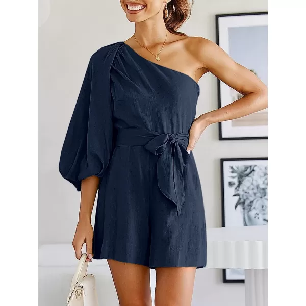 imageANRABESS Womens Summer Casual One Shoulder 34 Puff Sleeve Tie Waist Short Jumpsuit Romper OutfitsNavy Blue