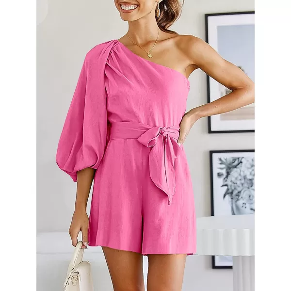 imageANRABESS Womens Summer Casual One Shoulder 34 Puff Sleeve Tie Waist Short Jumpsuit Romper OutfitsPink