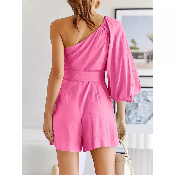 imageANRABESS Womens Summer Casual One Shoulder 34 Puff Sleeve Tie Waist Short Jumpsuit Romper OutfitsPink