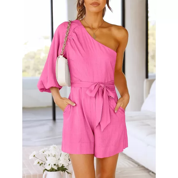 imageANRABESS Womens Summer Casual One Shoulder 34 Puff Sleeve Tie Waist Short Jumpsuit Romper OutfitsPink