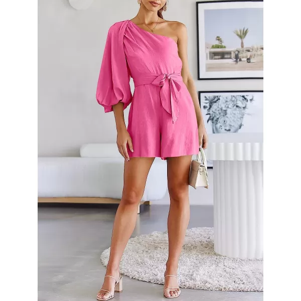 imageANRABESS Womens Summer Casual One Shoulder 34 Puff Sleeve Tie Waist Short Jumpsuit Romper OutfitsPink