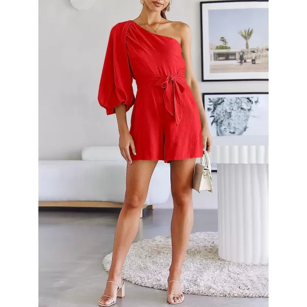 imageANRABESS Womens Summer Casual One Shoulder 34 Puff Sleeve Tie Waist Short Jumpsuit Romper OutfitsRed