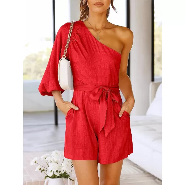 imageANRABESS Womens Summer Casual One Shoulder 34 Puff Sleeve Tie Waist Short Jumpsuit Romper OutfitsRed
