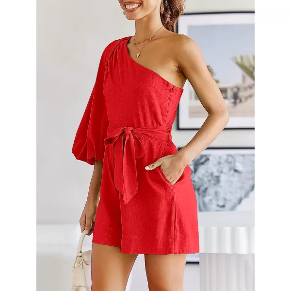 imageANRABESS Womens Summer Casual One Shoulder 34 Puff Sleeve Tie Waist Short Jumpsuit Romper OutfitsRed