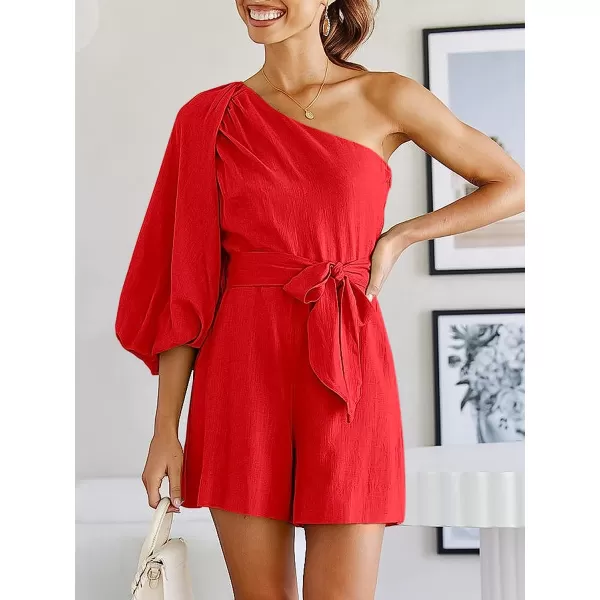imageANRABESS Womens Summer Casual One Shoulder 34 Puff Sleeve Tie Waist Short Jumpsuit Romper OutfitsRed