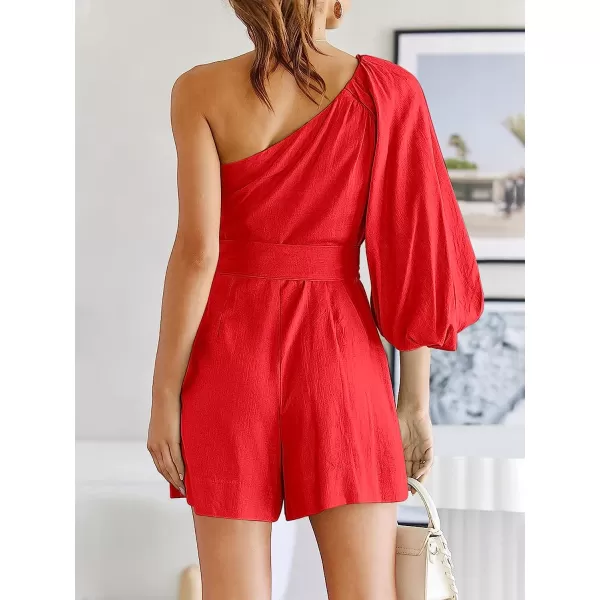 imageANRABESS Womens Summer Casual One Shoulder 34 Puff Sleeve Tie Waist Short Jumpsuit Romper OutfitsRed