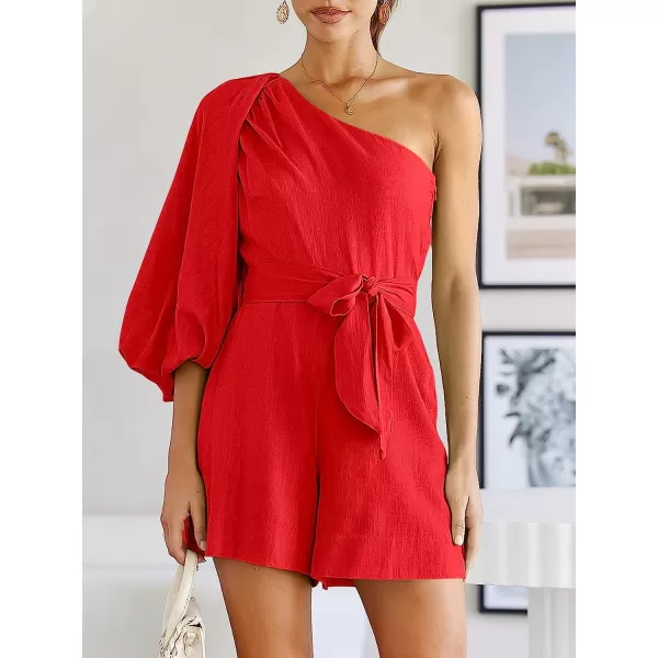 imageANRABESS Womens Summer Casual One Shoulder 34 Puff Sleeve Tie Waist Short Jumpsuit Romper OutfitsRed