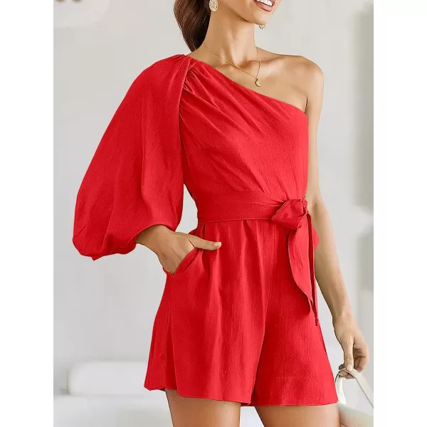 imageANRABESS Womens Summer Casual One Shoulder 34 Puff Sleeve Tie Waist Short Jumpsuit Romper OutfitsRed