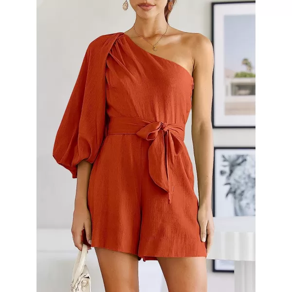 imageANRABESS Womens Summer Casual One Shoulder 34 Puff Sleeve Tie Waist Short Jumpsuit Romper OutfitsRust