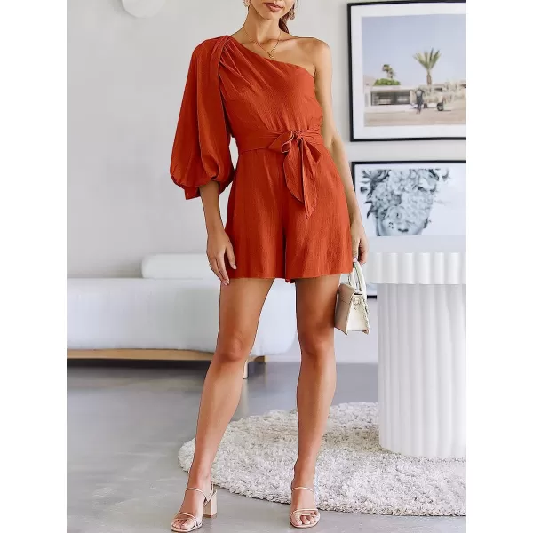 imageANRABESS Womens Summer Casual One Shoulder 34 Puff Sleeve Tie Waist Short Jumpsuit Romper OutfitsRust