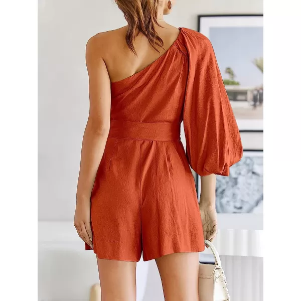 imageANRABESS Womens Summer Casual One Shoulder 34 Puff Sleeve Tie Waist Short Jumpsuit Romper OutfitsRust