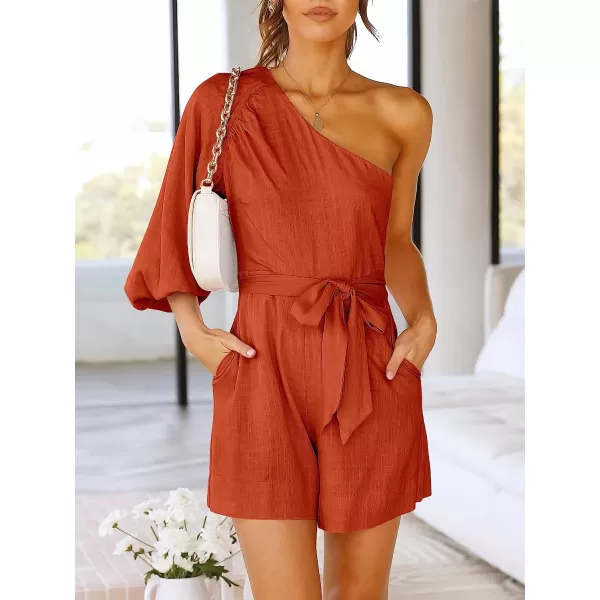 imageANRABESS Womens Summer Casual One Shoulder 34 Puff Sleeve Tie Waist Short Jumpsuit Romper OutfitsRust