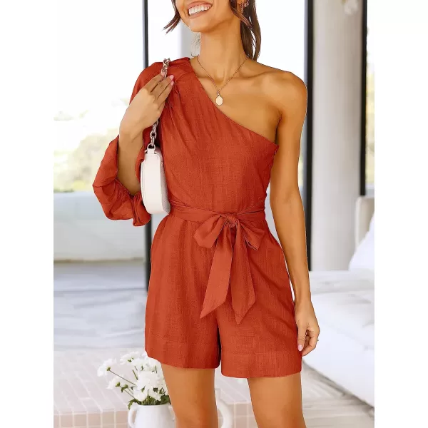 imageANRABESS Womens Summer Casual One Shoulder 34 Puff Sleeve Tie Waist Short Jumpsuit Romper OutfitsRust