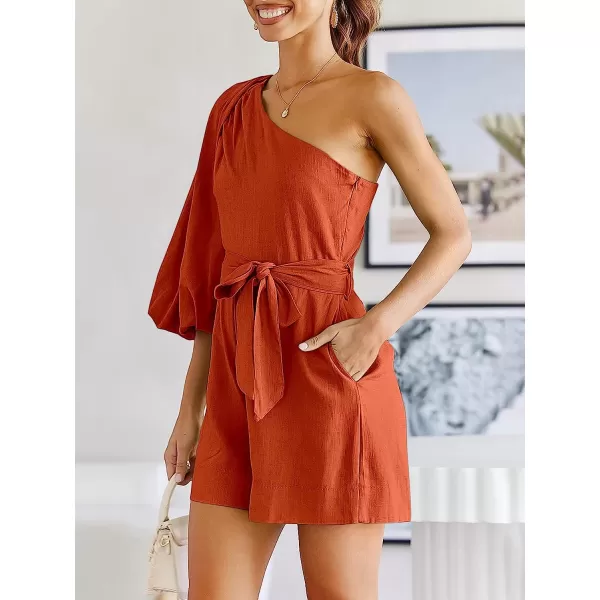 imageANRABESS Womens Summer Casual One Shoulder 34 Puff Sleeve Tie Waist Short Jumpsuit Romper OutfitsRust