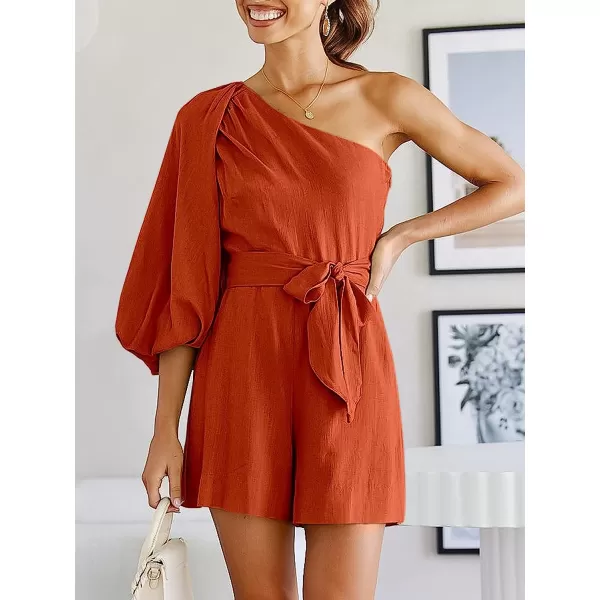 imageANRABESS Womens Summer Casual One Shoulder 34 Puff Sleeve Tie Waist Short Jumpsuit Romper OutfitsRust