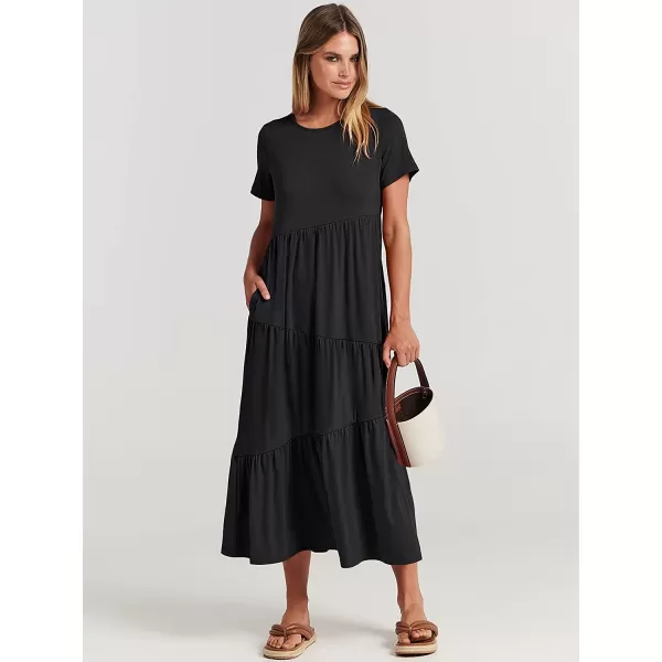 imageANRABESS Womens Summer Casual Short Sleeve Crewneck Swing Dress Casual Flowy Tiered Maxi Beach Dress with Pockets02 Black