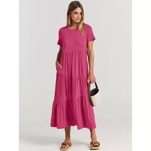 imageANRABESS Womens Summer Casual Short Sleeve Crewneck Swing Dress Casual Flowy Tiered Maxi Beach Dress with Pockets02 Rose