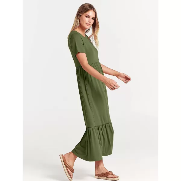 imageANRABESS Womens Summer Casual Short Sleeve Crewneck Swing Dress Casual Flowy Tiered Maxi Beach Dress with PocketsArmy Green