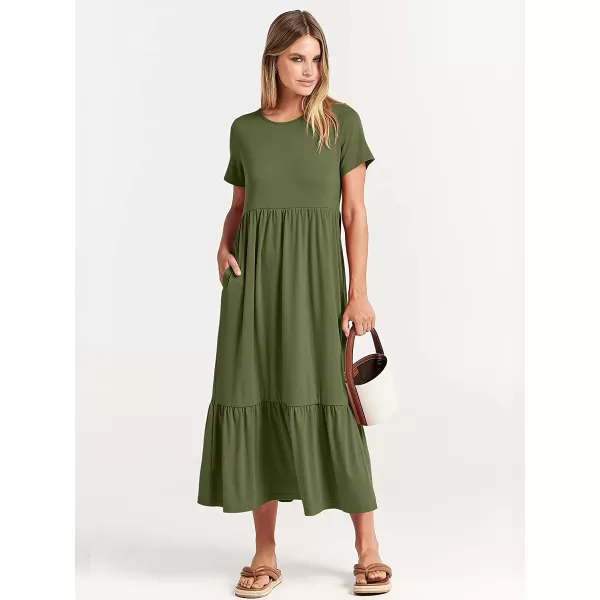 imageANRABESS Womens Summer Casual Short Sleeve Crewneck Swing Dress Casual Flowy Tiered Maxi Beach Dress with PocketsArmy Green