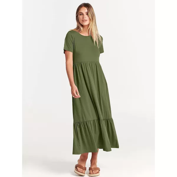 imageANRABESS Womens Summer Casual Short Sleeve Crewneck Swing Dress Casual Flowy Tiered Maxi Beach Dress with PocketsArmy Green