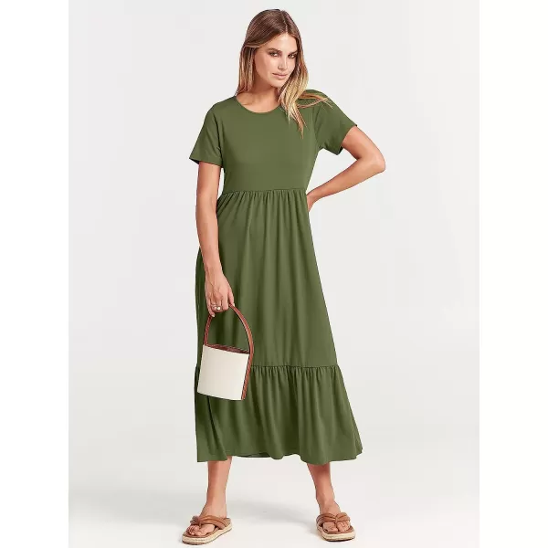 imageANRABESS Womens Summer Casual Short Sleeve Crewneck Swing Dress Casual Flowy Tiered Maxi Beach Dress with PocketsArmy Green