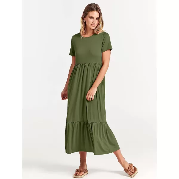 imageANRABESS Womens Summer Casual Short Sleeve Crewneck Swing Dress Casual Flowy Tiered Maxi Beach Dress with PocketsArmy Green