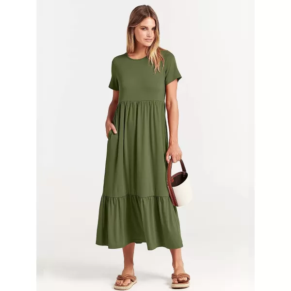 imageANRABESS Womens Summer Casual Short Sleeve Crewneck Swing Dress Casual Flowy Tiered Maxi Beach Dress with PocketsArmy Green