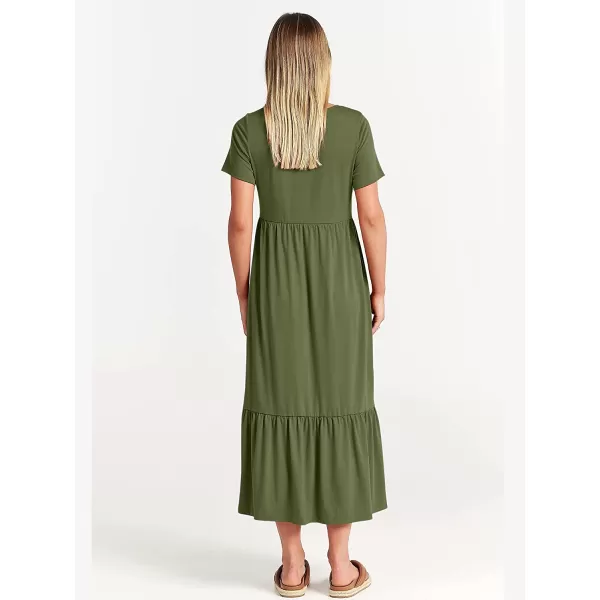 imageANRABESS Womens Summer Casual Short Sleeve Crewneck Swing Dress Casual Flowy Tiered Maxi Beach Dress with PocketsArmy Green