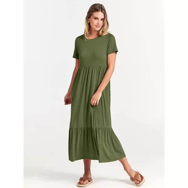 imageANRABESS Womens Summer Casual Short Sleeve Crewneck Swing Dress Casual Flowy Tiered Maxi Beach Dress with PocketsArmy Green