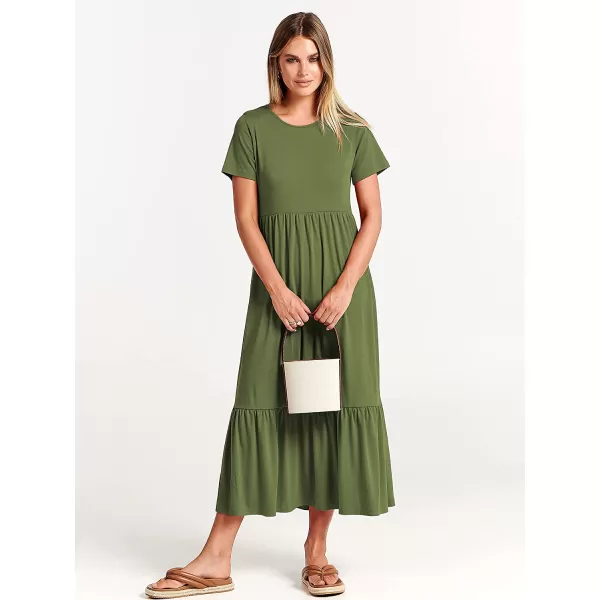 imageANRABESS Womens Summer Casual Short Sleeve Crewneck Swing Dress Casual Flowy Tiered Maxi Beach Dress with PocketsArmy Green