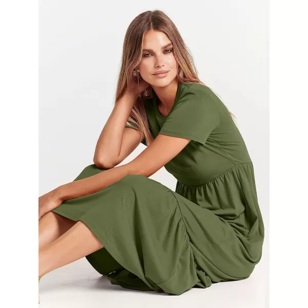 imageANRABESS Womens Summer Casual Short Sleeve Crewneck Swing Dress Casual Flowy Tiered Maxi Beach Dress with PocketsArmy Green
