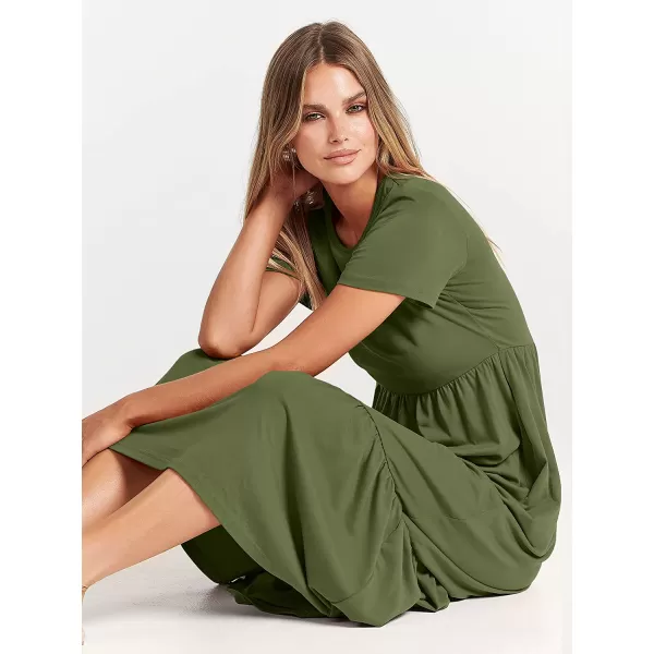 imageANRABESS Womens Summer Casual Short Sleeve Crewneck Swing Dress Casual Flowy Tiered Maxi Beach Dress with PocketsArmy Green