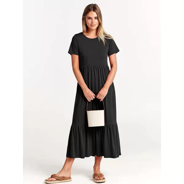 imageANRABESS Womens Summer Casual Short Sleeve Crewneck Swing Dress Casual Flowy Tiered Maxi Beach Dress with PocketsBlack
