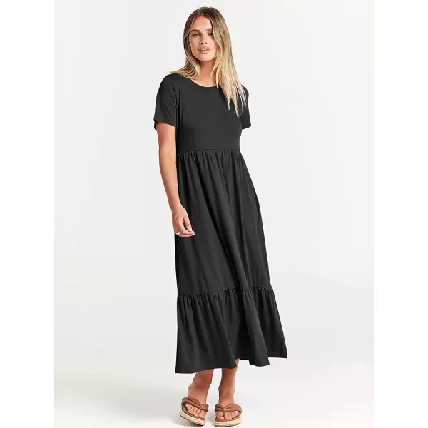 imageANRABESS Womens Summer Casual Short Sleeve Crewneck Swing Dress Casual Flowy Tiered Maxi Beach Dress with PocketsBlack