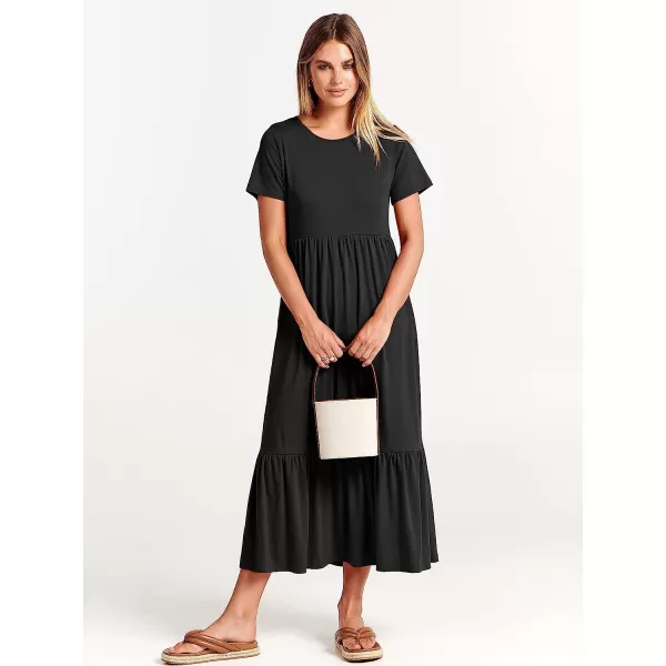 imageANRABESS Womens Summer Casual Short Sleeve Crewneck Swing Dress Casual Flowy Tiered Maxi Beach Dress with PocketsBlack