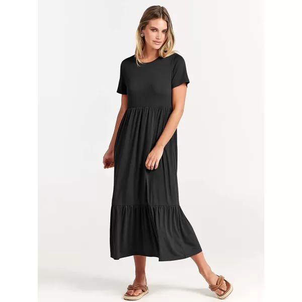 imageANRABESS Womens Summer Casual Short Sleeve Crewneck Swing Dress Casual Flowy Tiered Maxi Beach Dress with PocketsBlack