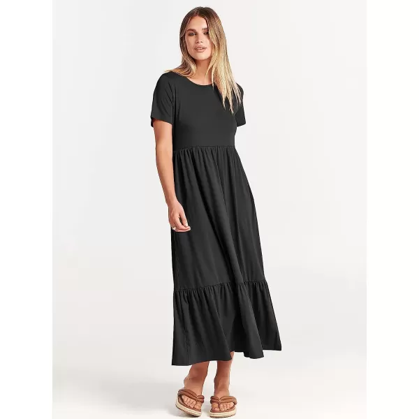 imageANRABESS Womens Summer Casual Short Sleeve Crewneck Swing Dress Casual Flowy Tiered Maxi Beach Dress with PocketsBlack