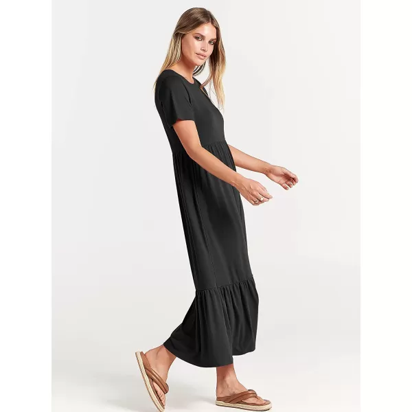 imageANRABESS Womens Summer Casual Short Sleeve Crewneck Swing Dress Casual Flowy Tiered Maxi Beach Dress with PocketsBlack
