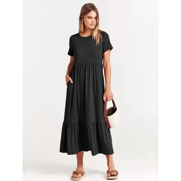 imageANRABESS Womens Summer Casual Short Sleeve Crewneck Swing Dress Casual Flowy Tiered Maxi Beach Dress with PocketsBlack