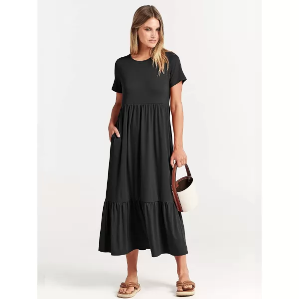 imageANRABESS Womens Summer Casual Short Sleeve Crewneck Swing Dress Casual Flowy Tiered Maxi Beach Dress with PocketsBlack