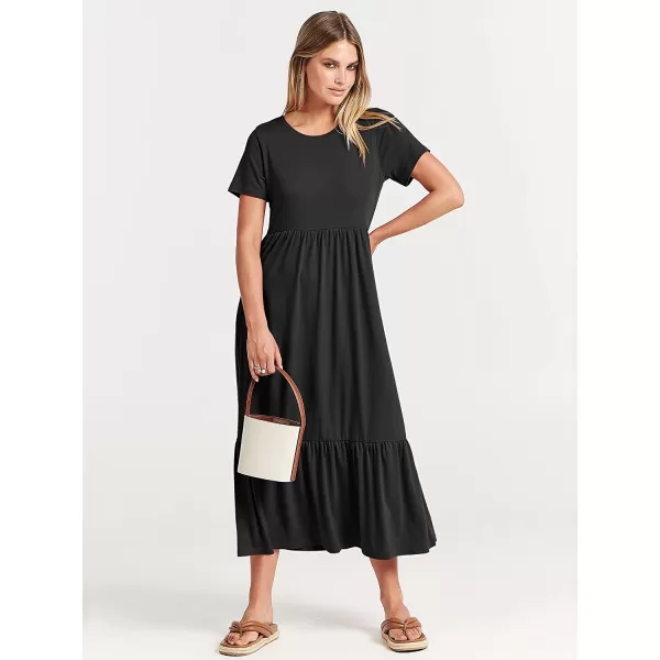 imageANRABESS Womens Summer Casual Short Sleeve Crewneck Swing Dress Casual Flowy Tiered Maxi Beach Dress with PocketsBlack