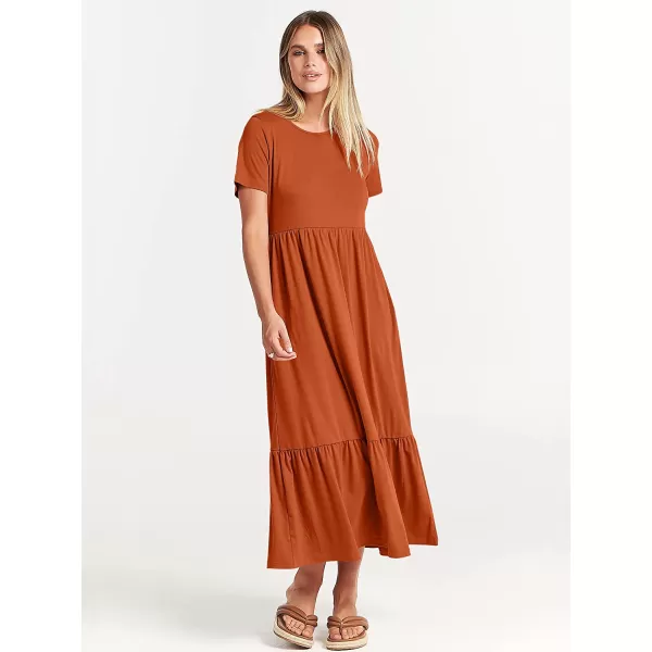 imageANRABESS Womens Summer Casual Short Sleeve Crewneck Swing Dress Casual Flowy Tiered Maxi Beach Dress with PocketsBrick Red