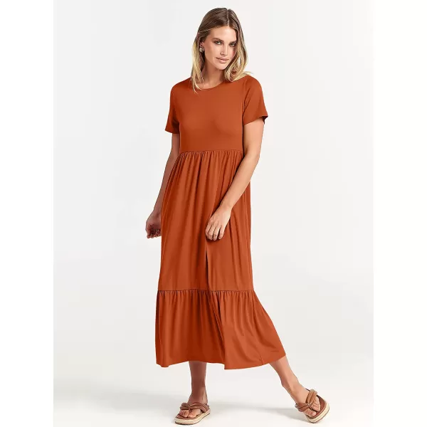 imageANRABESS Womens Summer Casual Short Sleeve Crewneck Swing Dress Casual Flowy Tiered Maxi Beach Dress with PocketsBrick Red