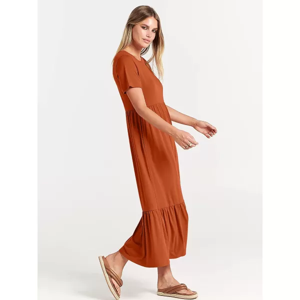 imageANRABESS Womens Summer Casual Short Sleeve Crewneck Swing Dress Casual Flowy Tiered Maxi Beach Dress with PocketsBrick Red
