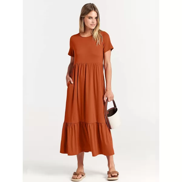 imageANRABESS Womens Summer Casual Short Sleeve Crewneck Swing Dress Casual Flowy Tiered Maxi Beach Dress with PocketsBrick Red