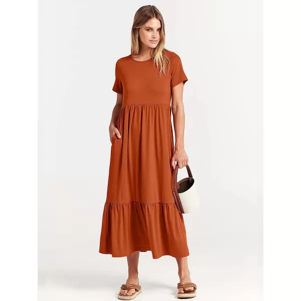 imageANRABESS Womens Summer Casual Short Sleeve Crewneck Swing Dress Casual Flowy Tiered Maxi Beach Dress with PocketsBrick Red