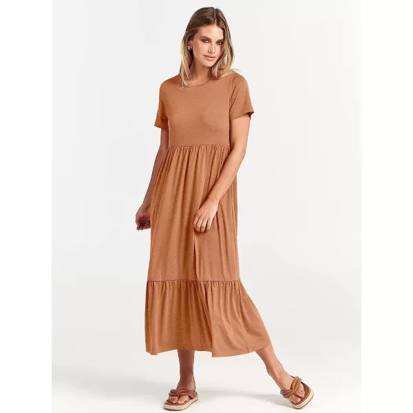 imageANRABESS Womens Summer Casual Short Sleeve Crewneck Swing Dress Casual Flowy Tiered Maxi Beach Dress with PocketsBrown