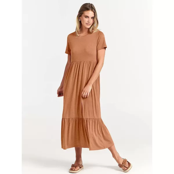 imageANRABESS Womens Summer Casual Short Sleeve Crewneck Swing Dress Casual Flowy Tiered Maxi Beach Dress with PocketsBrown
